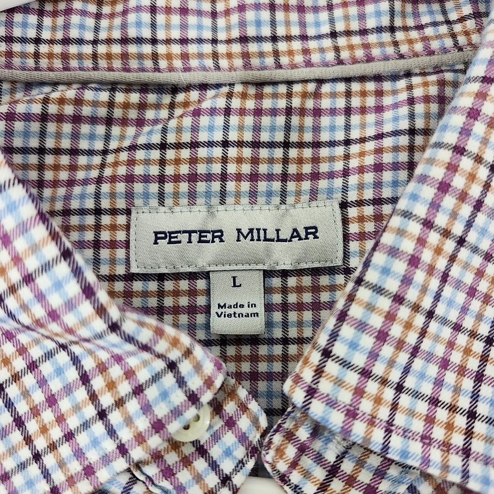 Peter Millar Shirt Adult Large Blue Brown Plaid Button Up Linen Cotton Mens - Picture 3 of 10